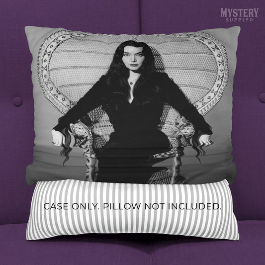 Morticia Addams Carolyn Jones 1960s Vintage Addams Family Witch Horror Monster Beauty Black and White double sided decorative throw pillow case home decor from Mystery Supply Co. @mysterysupplyco