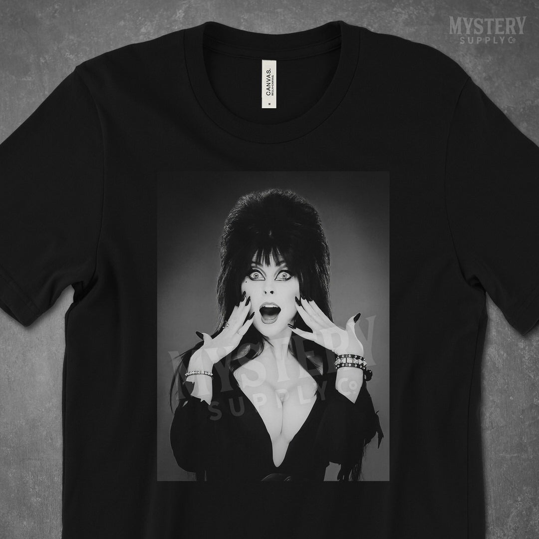 Elvira Mistress of the Dark 1980s Vintage Cassandra Peterson Vampire Horror Monster Scream Queen Mens Womens Unisex T-Shirt from Mystery Supply Co. @mysterysupplyco