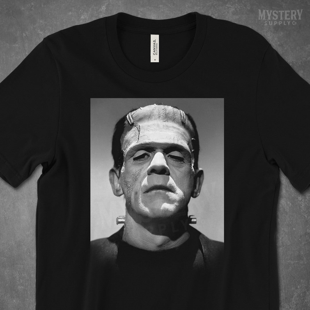Frankenstein 1931 Vintage Horror Movie Monster Black and White Photo reproduction Mens Womens Unisex T-Shirt from Mystery Supply Co. @mysterysupplyco