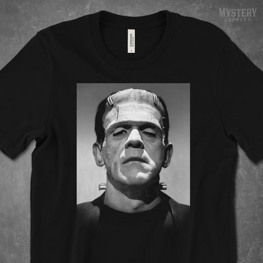 Frankenstein 1931 Vintage Horror Movie Monster Black and White Photo reproduction Mens Womens Unisex T-Shirt from Mystery Supply Co. @mysterysupplyco