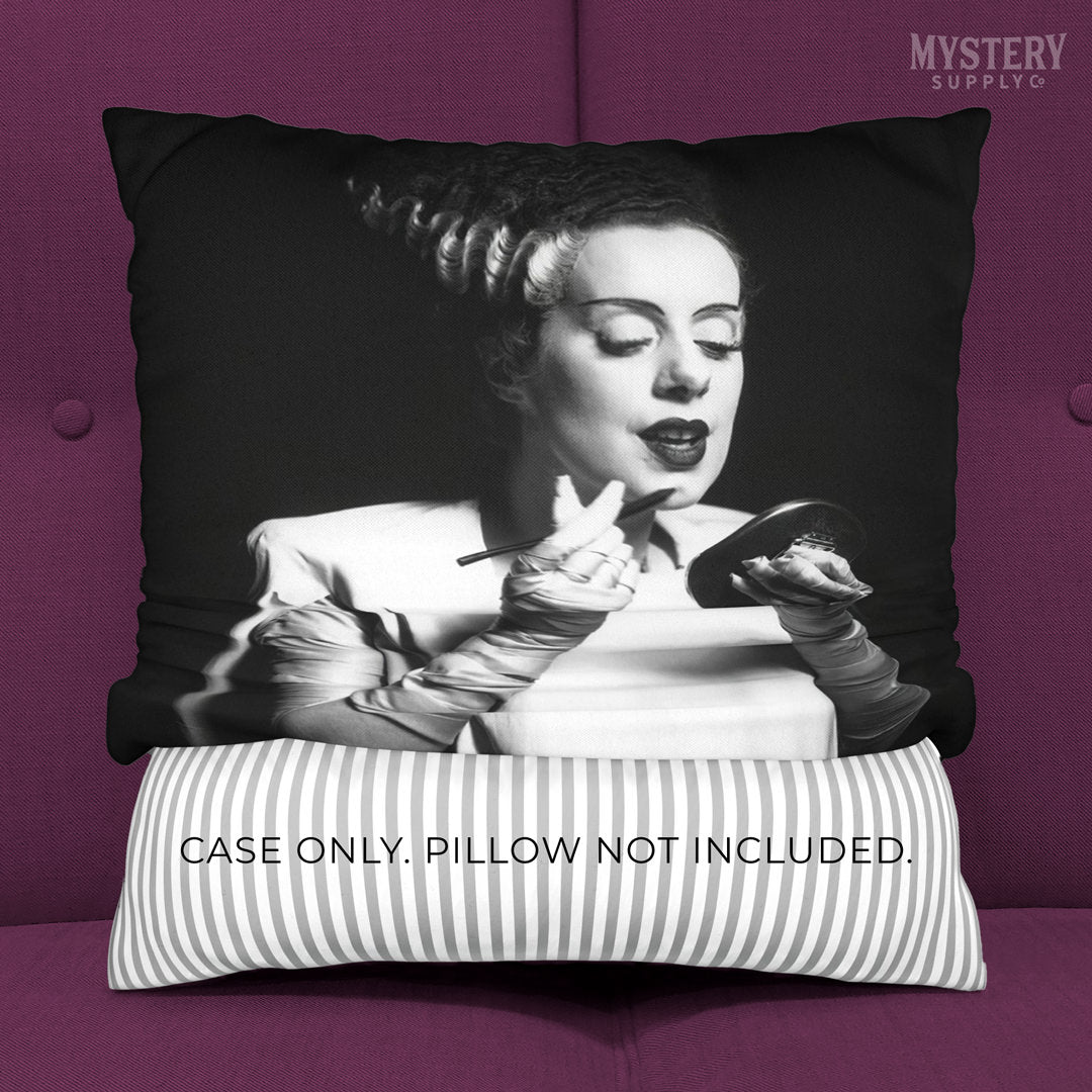 Bride of Frankenstein 1935 Vintage Horror Movie Monster Black and White Makeup Lipstick Behind the Scenes double sided decorative throw pillow case home decor from Mystery Supply Co. @mysterysupplyco