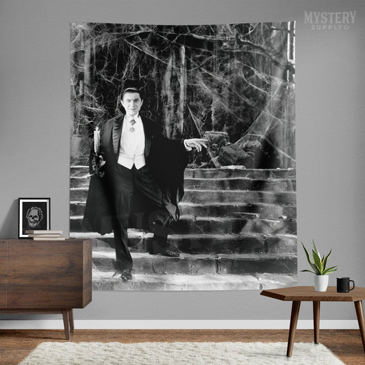 Dracula 1930s Vintage Bela Lugosi Horror Movie Vampire Monster Spooky Candle Steps Cobwebs Black and White Photo Tapestry Wall Hanging from Mystery Supply Co. @mysterysupplyco