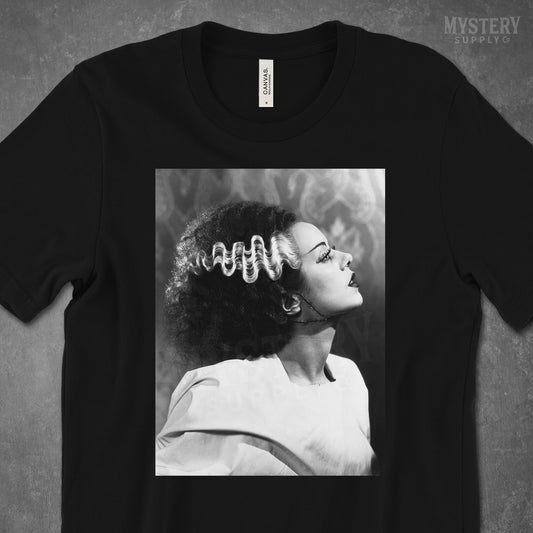 Bride of Frankenstein 1935 Vintage Horror Movie Monster Black and White Elsa Lanchester Profile Photo Mens Womens Unisex T-Shirt from Mystery Supply Co. @mysterysupplyco