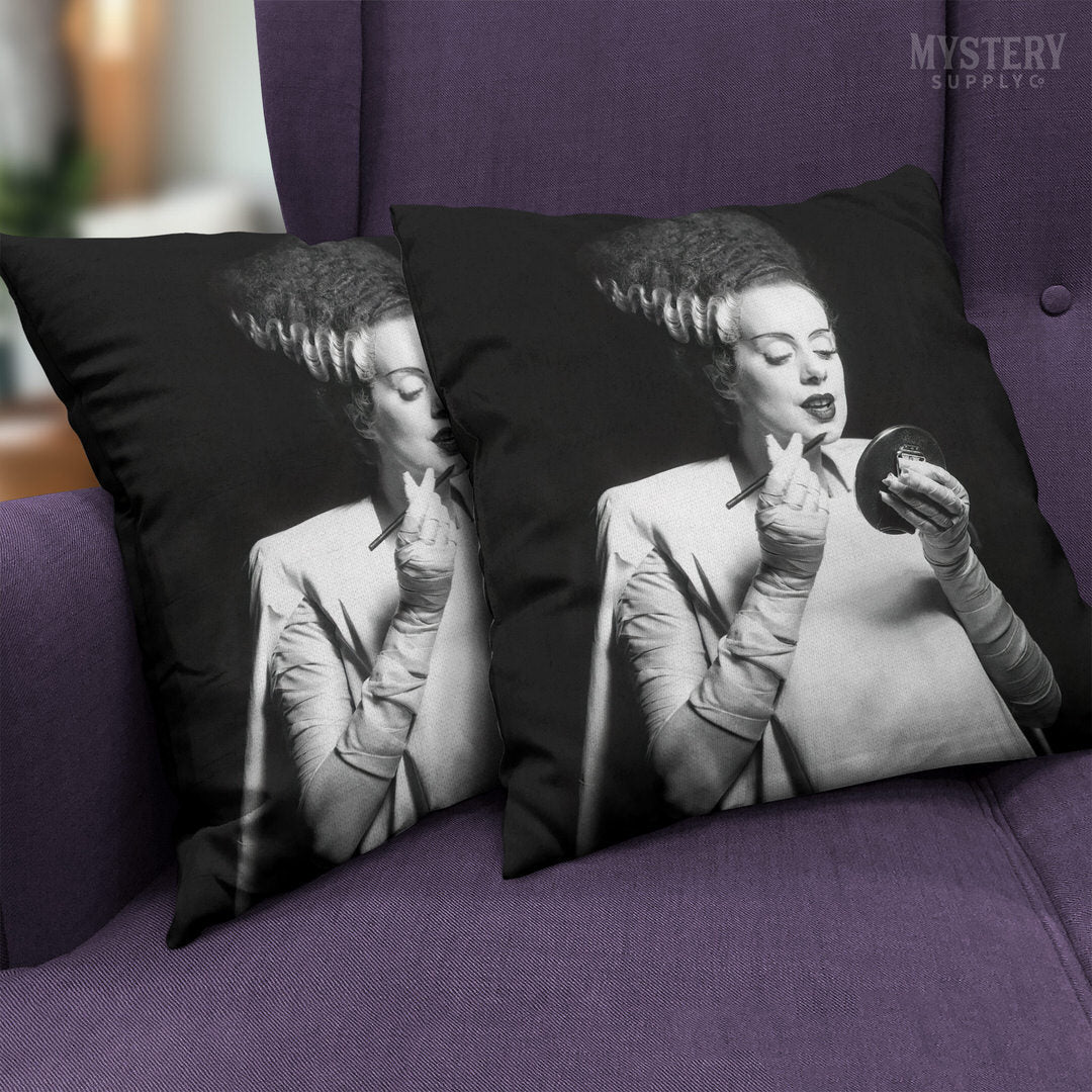 Bride of Frankenstein 1935 Vintage Horror Movie Monster Black and White Makeup Lipstick Behind the Scenes double sided decorative throw pillow home decor from Mystery Supply Co. @mysterysupplyco