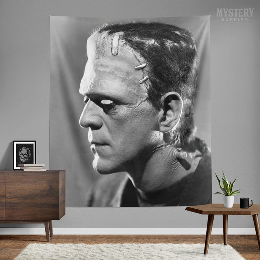 Frankenstein 1935 Vintage Horror Movie Monster Boris Karloff Profile Portrait Photo Tapestry Wall Hanging from Mystery Supply Co. @mysterysupplyco