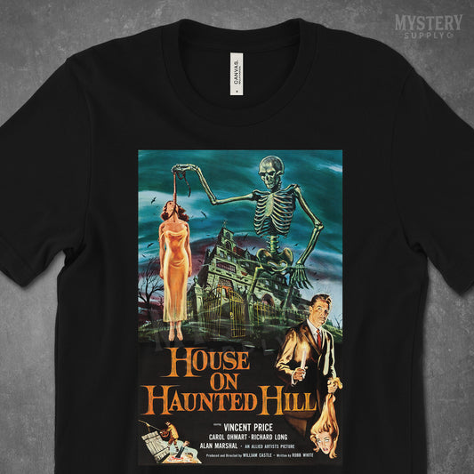 House on Haunted Hill 1959 vintage horror skeleton Vincent Price movie poster Mens Womens Unisex T-Shirt from Mystery Supply Co. @mysterysupplyco