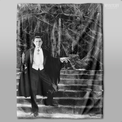 Dracula 1930s Vintage Bela Lugosi Horror Movie Vampire Monster Spooky Candle Steps Cobwebs Black and White Photo velveteen plush throw blanket from Mystery Supply Co. @mysterysupplyco