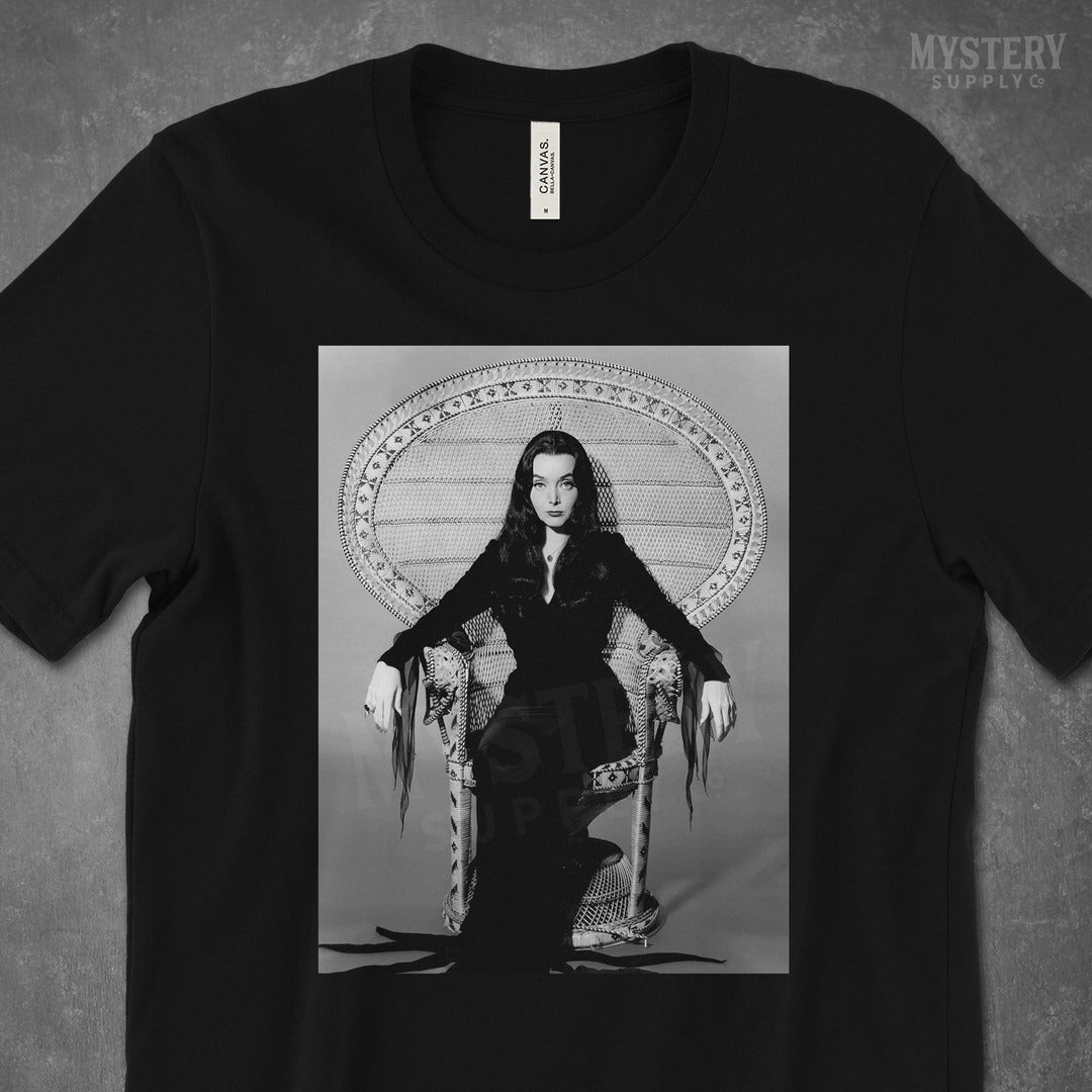 Morticia Addams Carolyn Jones 1960s Vintage Addams Family Witch Horror Monster Beauty Black and White Photo Mens Womens Unisex T-Shirt from Mystery Supply Co. @mysterysupplyco