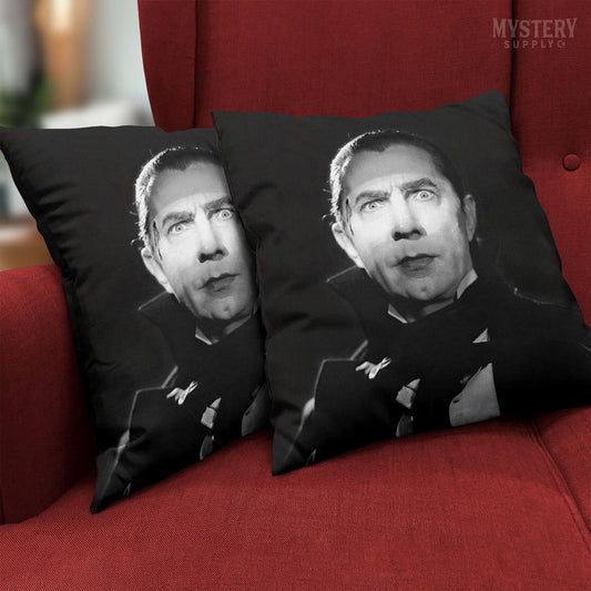 Dracula 1930s Vintage Bela Lugosi Horror Movie Vampire Monster Black and White double sided decorative throw pillow home decor from Mystery Supply Co. @mysterysupplyco