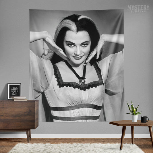 Lily Munster Yvonne De Carlo 1960s Vintage The Munsters Vampire Horror Monster Beauty Black and White Photo Tapestry Wall Hanging from Mystery Supply Co. @mysterysupplyco