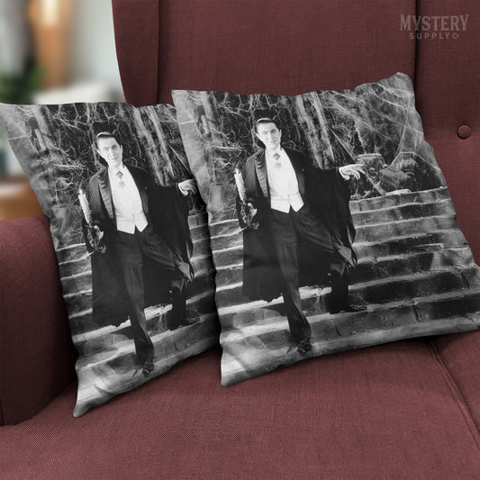 Dracula 1930s Vintage Bela Lugosi Horror Movie Vampire Monster Spooky Candle Steps Cobwebs Black and White double sided decorative throw pillow home decor from Mystery Supply Co. @mysterysupplyco