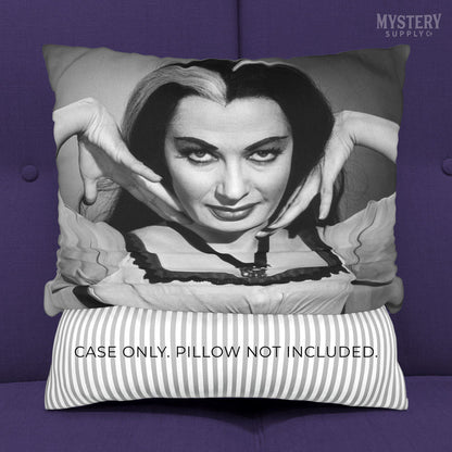 Lily Munster Yvonne De Carlo 1960s Vintage The Munsters Vampire Horror Monster Beauty Black and White double sided decorative throw pillow case home decor from Mystery Supply Co. @mysterysupplyco