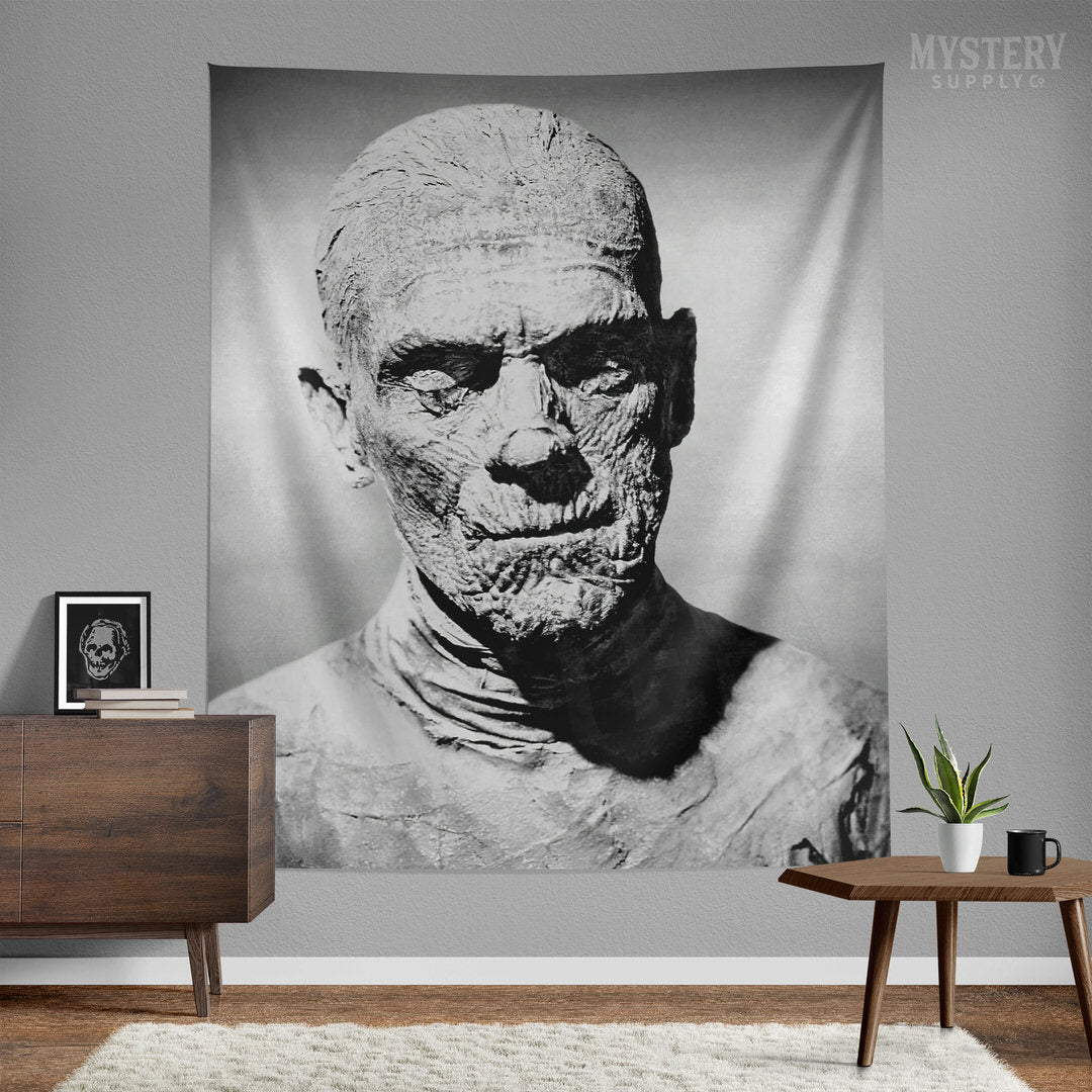 The Mummy 1932 Vintage Horror Movie Monster Boris Karloff Black and White Photo Tapestry Wall Hanging from Mystery Supply Co. @mysterysupplyco