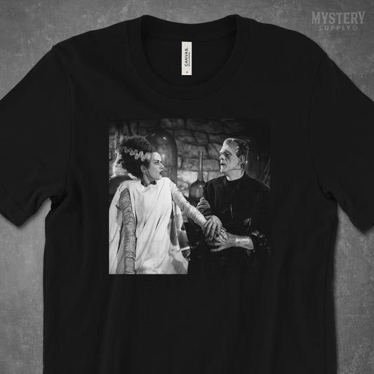 Bride of Frankenstein 1935 Vintage Horror Movie Monster Couple Black and White Photo Mens Womens Unisex T-Shirt from Mystery Supply Co. @mysterysupplyco