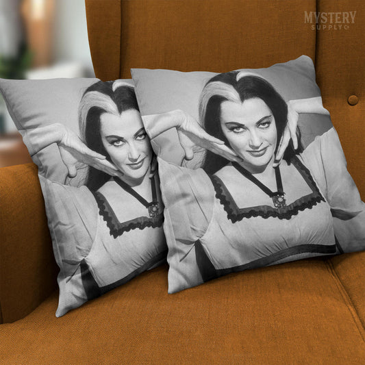 Lily Munster Yvonne De Carlo 1960s Vintage The Munsters Vampire Horror Monster Beauty Black and White double sided decorative throw pillow home decor from Mystery Supply Co. @mysterysupplyco