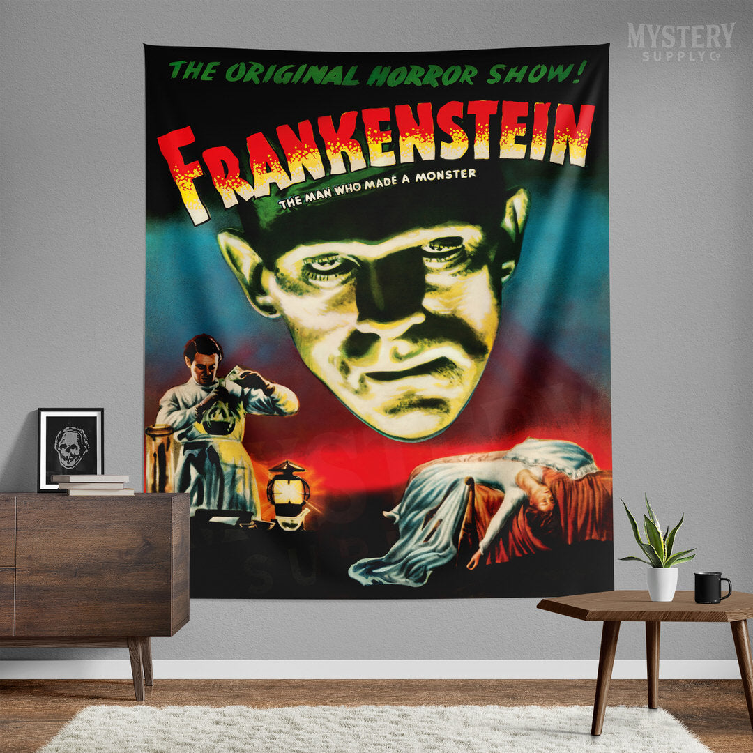 Frankenstein 1947 vintage horror monster movie Boris Karloff Tapestry Wall Hanging from Mystery Supply Co. @mysterysupplyco