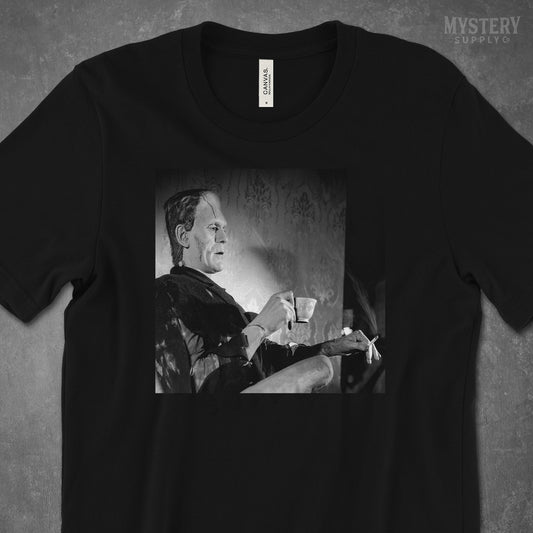 Frankenstein Vintage Boris Karloff Relaxing Smoking Drinking Tea Horror Movie Monster Black and White Mens Womens Unisex T-Shirt from Mystery Supply Co. @mysterysupplyco