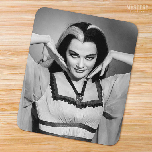 Lily Munster Yvonne De Carlo 1960s Vintage The Munsters Vampire Horror Monster Beauty Black and White Photo mousepad office decor desk accessories from Mystery Supply Co. @mysterysupplyco