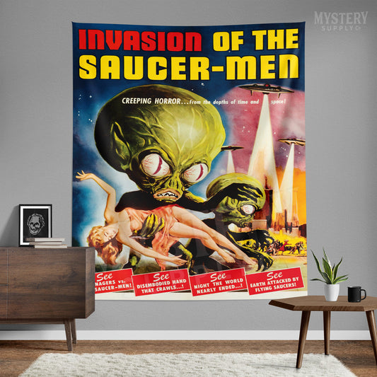 Invasion of the Saucer-Men 1957 vintage science fiction UFO flying saucer alien martian movie Tapestry Wall Hanging from Mystery Supply Co. @mysterysupplyco