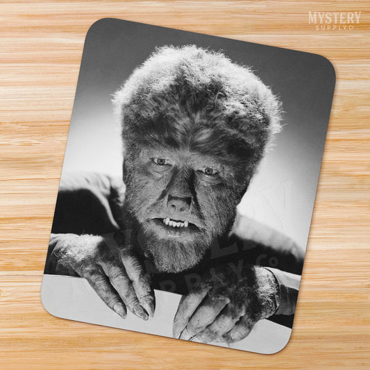 The Wolf Man 1941 Vintage Horror Movie Monster Lon Chaney Jr. Werewolf fangs and claws Black and White photo mousepad office decor desk accessories from Mystery Supply Co. @mysterysupplyco