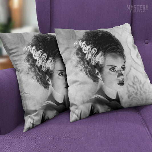 Bride of Frankenstein 1935 Vintage Horror Movie Monster Black and White double sided decorative throw pillow home decor from Mystery Supply Co. @mysterysupplyco