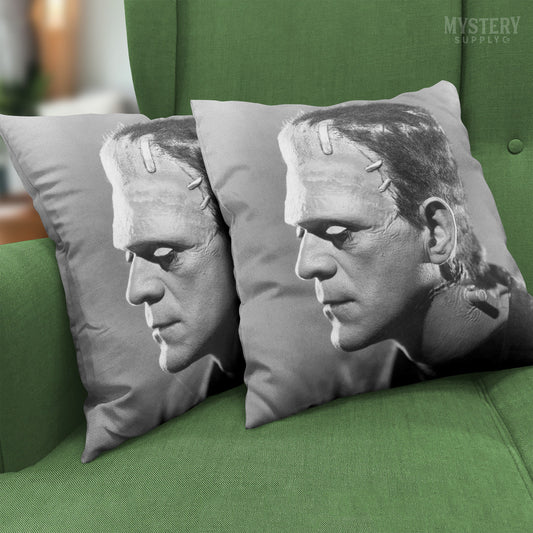 Frankenstein 1935 Vintage Horror Movie Monster Boris Karloff Profile Portrait double sided decorative throw pillow home decor from Mystery Supply Co. @mysterysupplyco