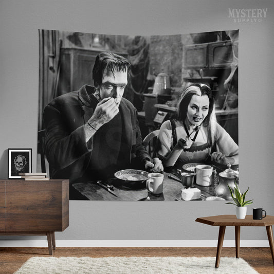 Herman and Lily Munster 1960s Vintage The Munsters Frankenstein Vampire Horror Monster Couple Black and White Photo Tapestry Wall Hanging from Mystery Supply Co. @mysterysupplyco