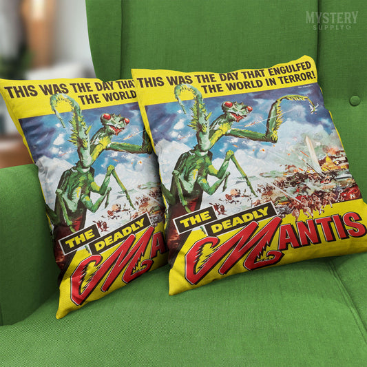 The Deadly Mantis 1957 vintage science fiction horror monster movie double sided decorative throw pillow home decor from Mystery Supply Co. @mysterysupplyco