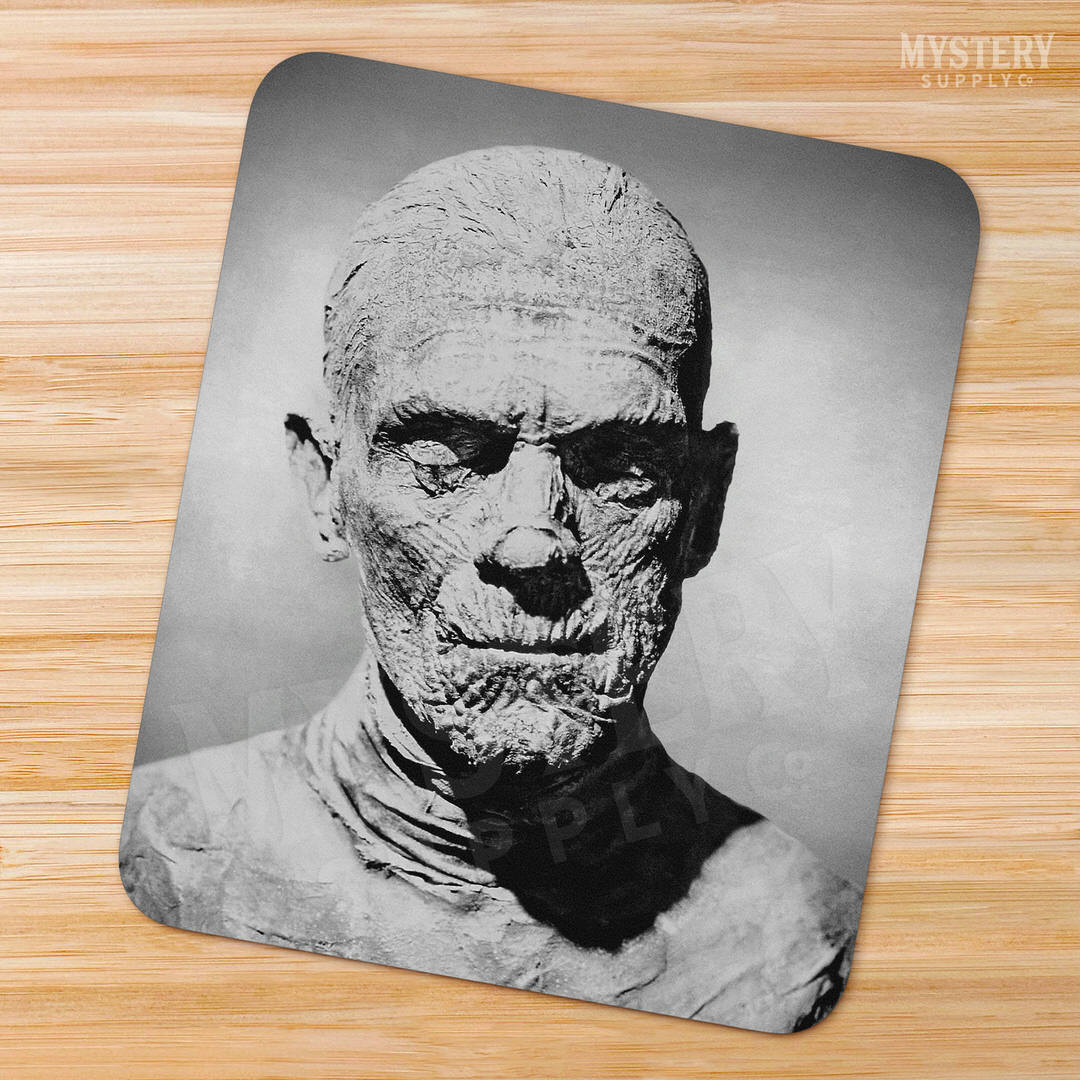 The Mummy 1932 Vintage Horror Movie Monster Boris Karloff Black and White Photo mousepad office decor desk accessories from Mystery Supply Co. @mysterysupplyco