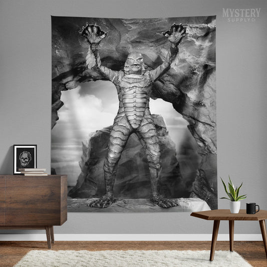 Creature from the Black Lagoon 1954 vintage horror monster gill man scary pose black and white photo Tapestry Wall Hanging from Mystery Supply Co. @mysterysupplyco