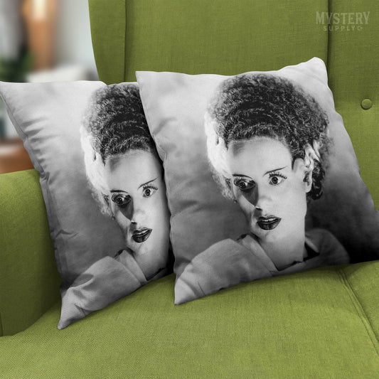 Bride of Frankenstein 1935 Vintage Elsa Lanchester Horror Movie Monster Black and White double sided decorative throw pillow home decor from Mystery Supply Co. @mysterysupplyco