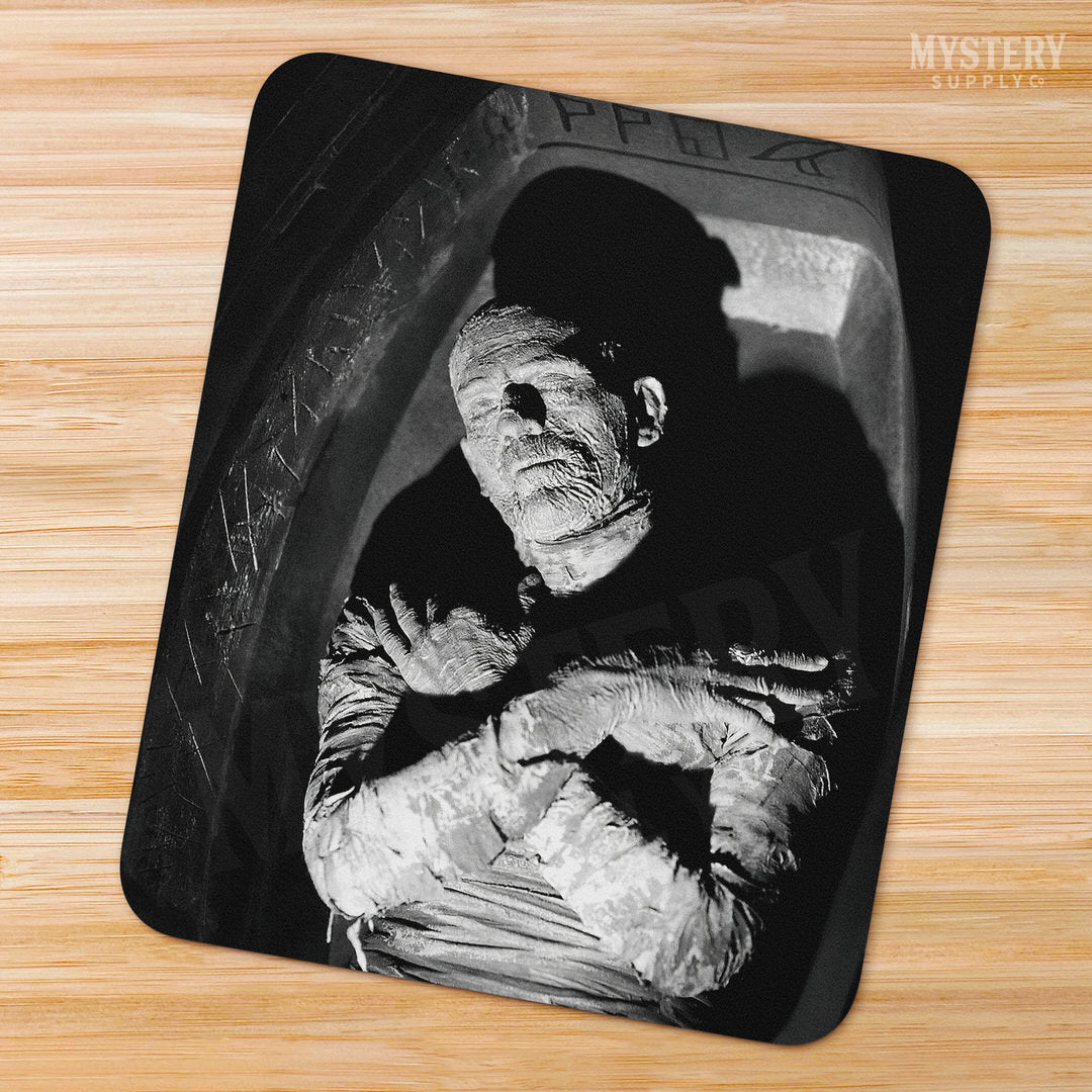 The Mummy 1932 Vintage Horror Movie Monster Boris Karloff Coffin Black and White Photo mousepad office decor desk accessories from Mystery Supply Co. @mysterysupplyco