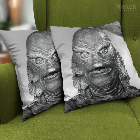 Creature from the Black Lagoon 1954 vintage horror monster gill man black and white double sided decorative throw pillow home decor from Mystery Supply Co. @mysterysupplyco