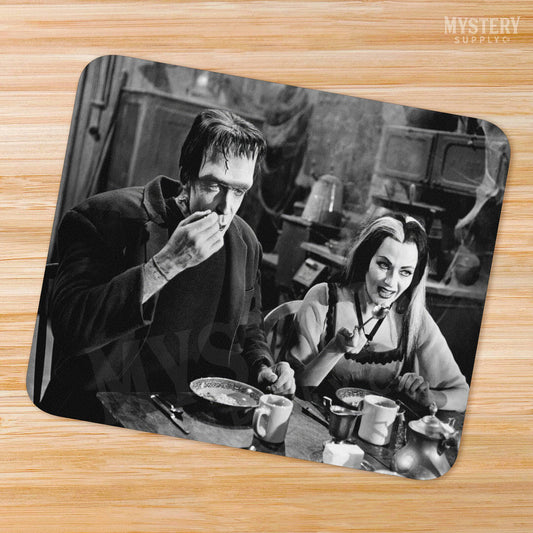 Herman and Lily Munster 1960s Vintage The Munsters Frankenstein Vampire Horror Monster Couple Black and White Photo mousepad office decor desk accessories from Mystery Supply Co. @mysterysupplyco