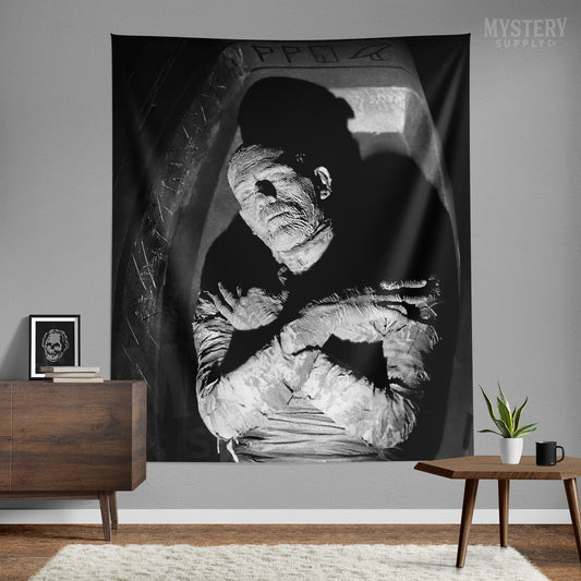 The Mummy 1932 Vintage Horror Movie Monster Boris Karloff Coffin Black and White Photo Tapestry Wall Hanging from Mystery Supply Co. @mysterysupplyco