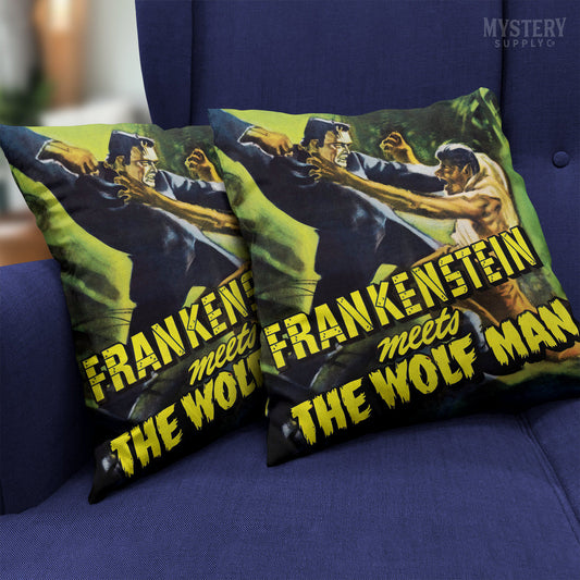 Frankenstein Meets the Wolf Man 1943 vintage horror monster werewolf movie poster double sided decorative throw pillow home decor from Mystery Supply Co. @mysterysupplyco