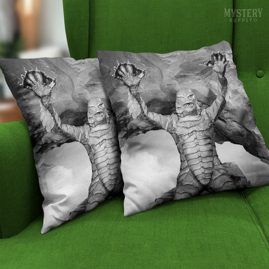 Creature from the Black Lagoon 1954 vintage horror monster gill man scary pose black and white photo reproduction double sided decorative throw pillow home decor from Mystery Supply Co. @mysterysupplyco