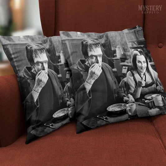 Herman and Lily Munster 1960s Vintage The Munsters Frankenstein Vampire Horror Monster Couple Black and White double sided decorative throw pillow home decor from Mystery Supply Co. @mysterysupplyco