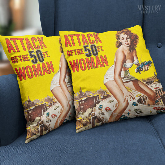 Attack of the 50 Foot Woman 1958 vintage science fiction movie double sided decorative throw pillow home decor from Mystery Supply Co. @mysterysupplyco