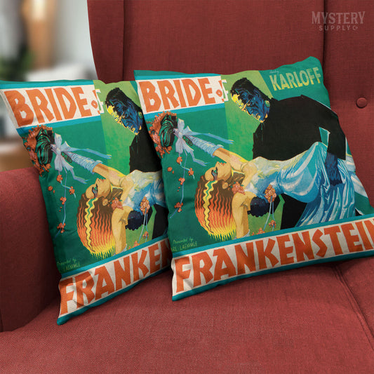 Bride of Frankenstein 1935 vintage promotional illustration horror monster movie double sided decorative throw pillow home decor from Mystery Supply Co. @mysterysupplyco