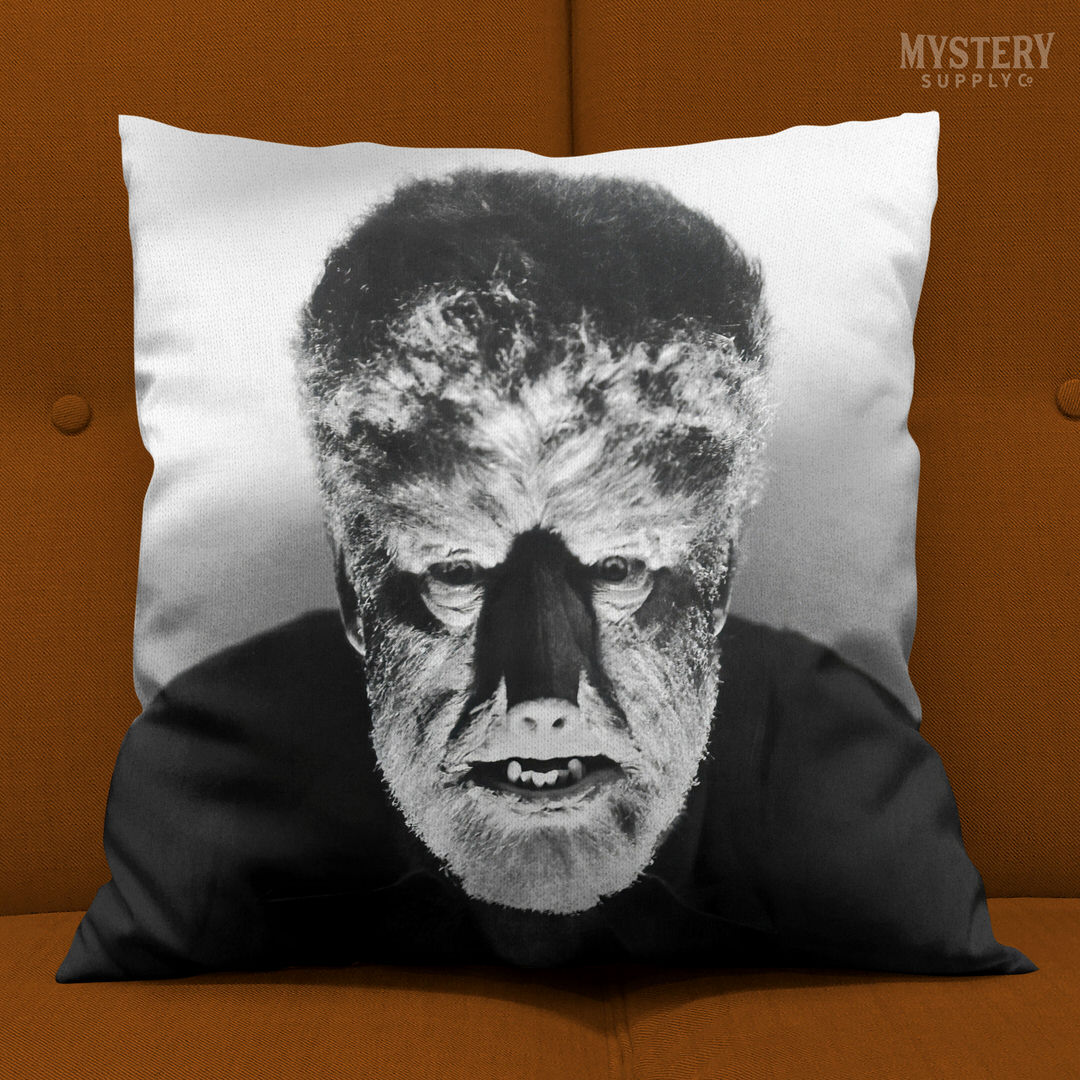 The Wolf Man 1941 Vintage Horror Movie Monster Lon Chaney Jr. Werewolf dramatic Black and White Photo double sided decorative throw pillow home decor from Mystery Supply Co. @mysterysupplyco