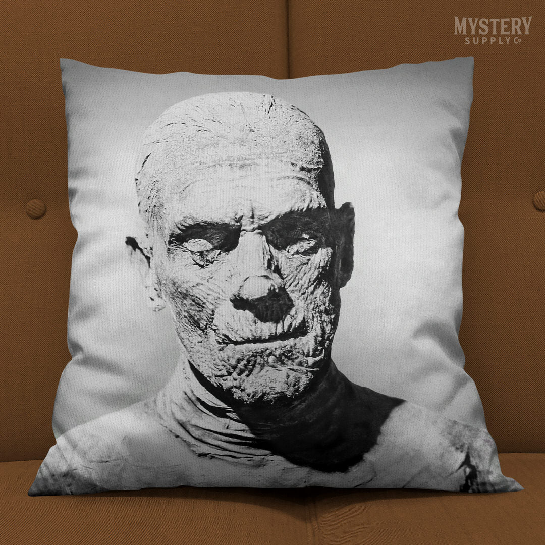 The Mummy 1932 Vintage Horror Movie Monster Boris Karloff Black and White Photo double sided decorative throw pillow home decor from Mystery Supply Co. @mysterysupplyco