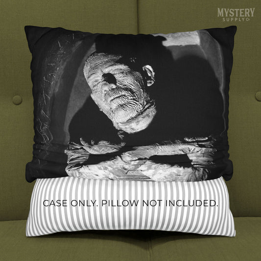 The Mummy 1932 Vintage Horror Movie Monster Boris Karloff Coffin Black and White Photo double sided decorative throw pillow case home decor from Mystery Supply Co. @mysterysupplyco