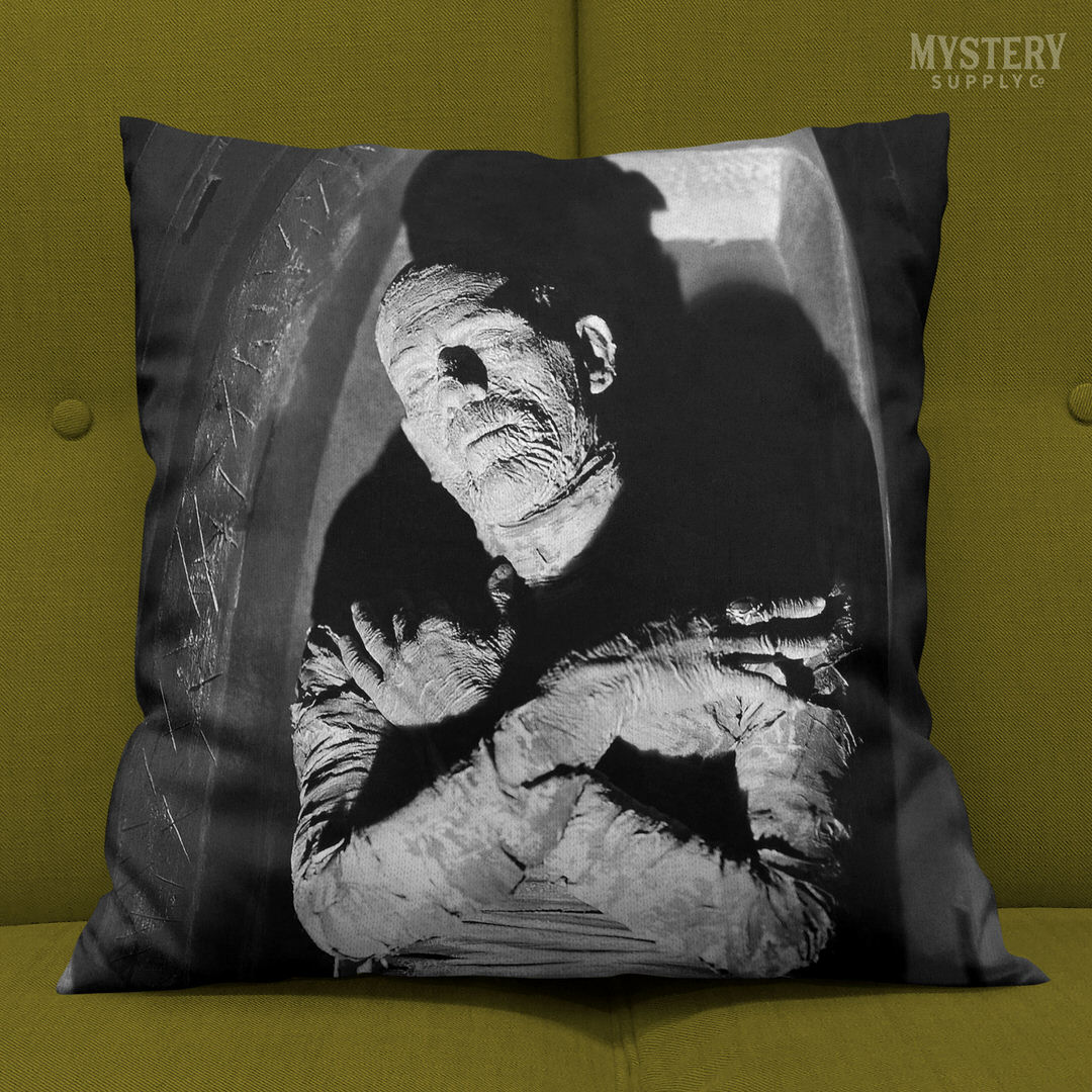 The Mummy 1932 Vintage Horror Movie Monster Boris Karloff Coffin Black and White Photo double sided decorative throw pillow home decor from Mystery Supply Co. @mysterysupplyco