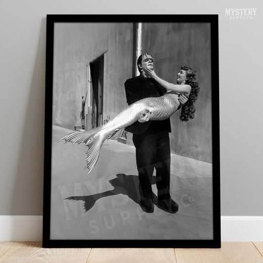 Frankenstein Carrying Mermaid 1948 Vintage Horror Movie Monster Glenn Strange Ann Blyth Mermaid Behind the Scenes Black and White Photo reproduction from Mystery Supply Co. @mysterysupplyco