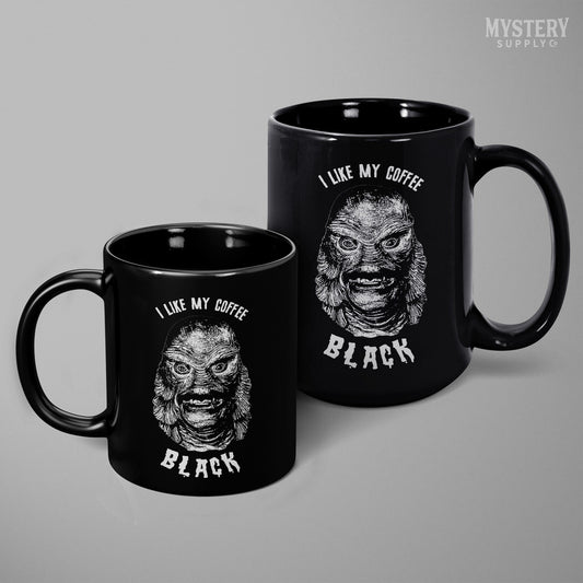 Creature From the Black Lagoon 11oz and 15oz black ceramic humorous horror coffee mugs from Mystery Supply Co. @mysterysupplyco