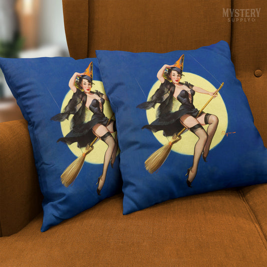 Witch pinup girl in lingerie double sided decorative throw pillow home decor from Mystery Supply Co. @mysterysupplyco