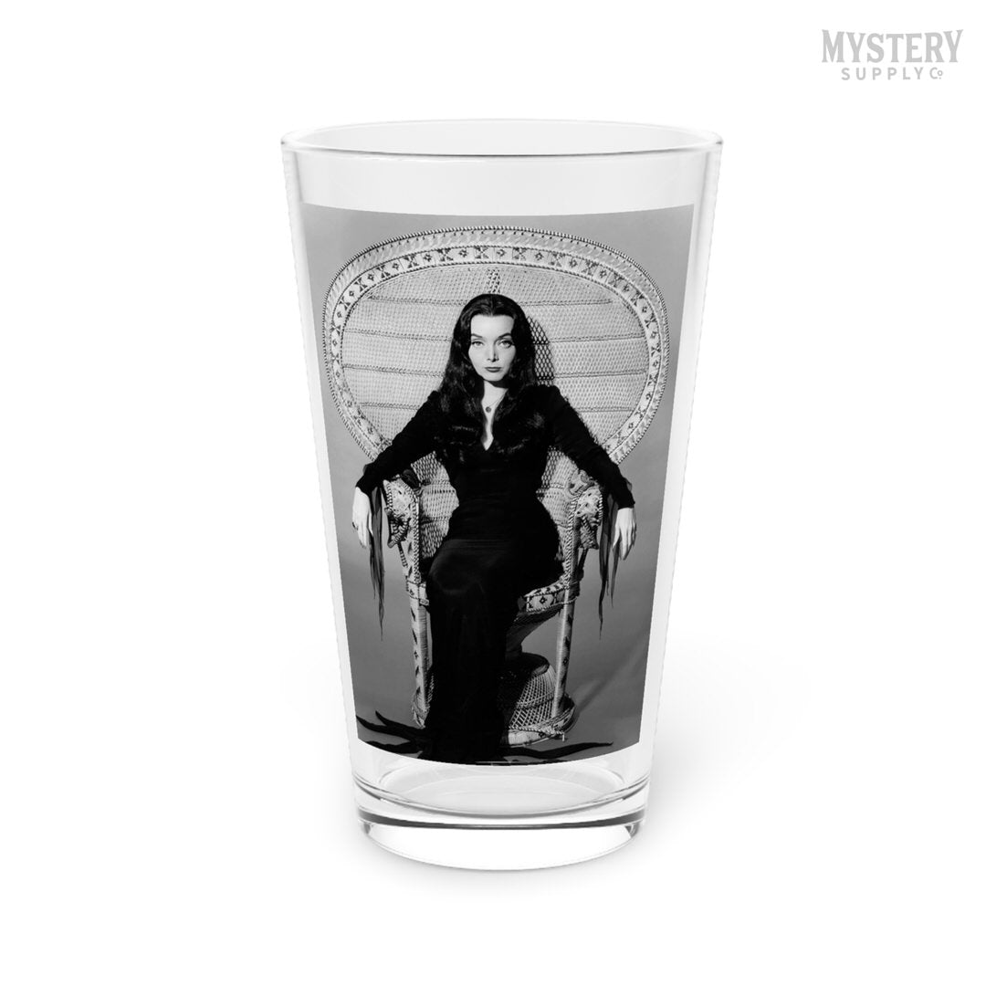 Morticia Addams Carolyn Jones 1960s Vintage Addams Family Witch Horror Monster Beauty Black and White Photo 16oz pint glass home decor glassware from Mystery Supply Co. @mysterysupplyco