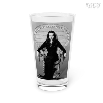 Morticia Addams Carolyn Jones 1960s Vintage Addams Family Witch Horror Monster Beauty Black and White Photo 16oz pint glass home decor glassware from Mystery Supply Co. @mysterysupplyco