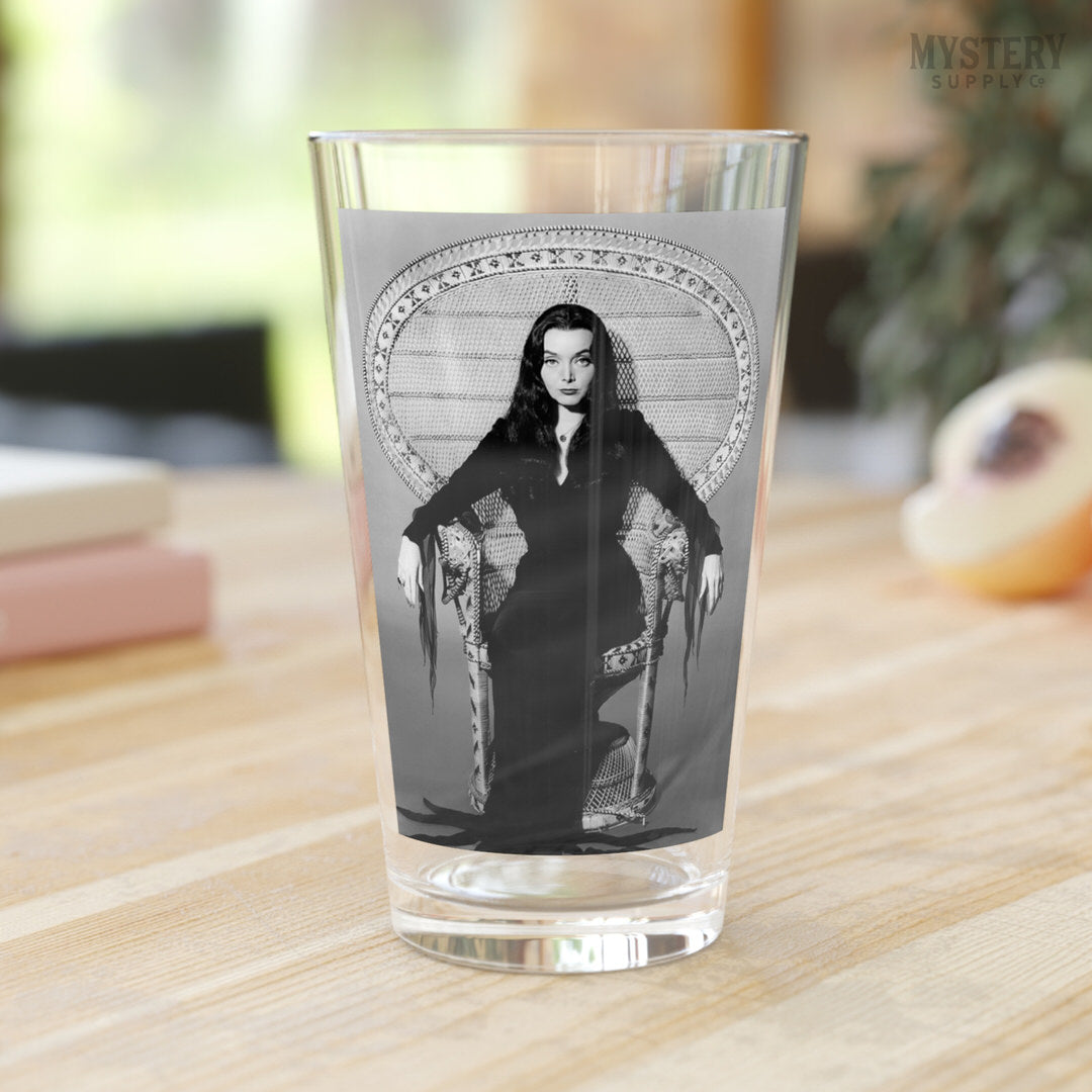 Morticia Addams Carolyn Jones 1960s Vintage Addams Family Witch Horror Monster Beauty Black and White Photo 16oz pint glass home decor glassware from Mystery Supply Co. @mysterysupplyco